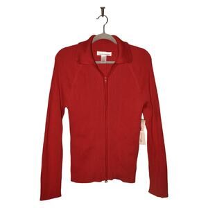 JONES NEW YORK SPORT NEW $59 Red Rib Knit Zip Front Cardigan Jacket Medium